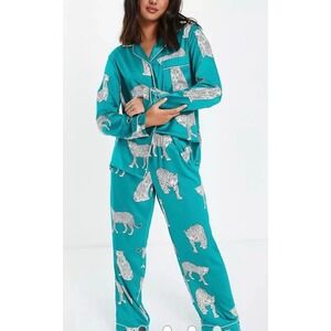 Chelsea Peers Teal Leopard Print Satin Pajama Set Button Up Long Sleeve Medium